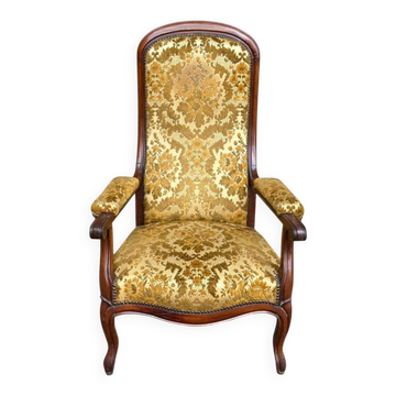 Fauteuil voltaire style Louis XV en bois massif et velours fleuri jaune