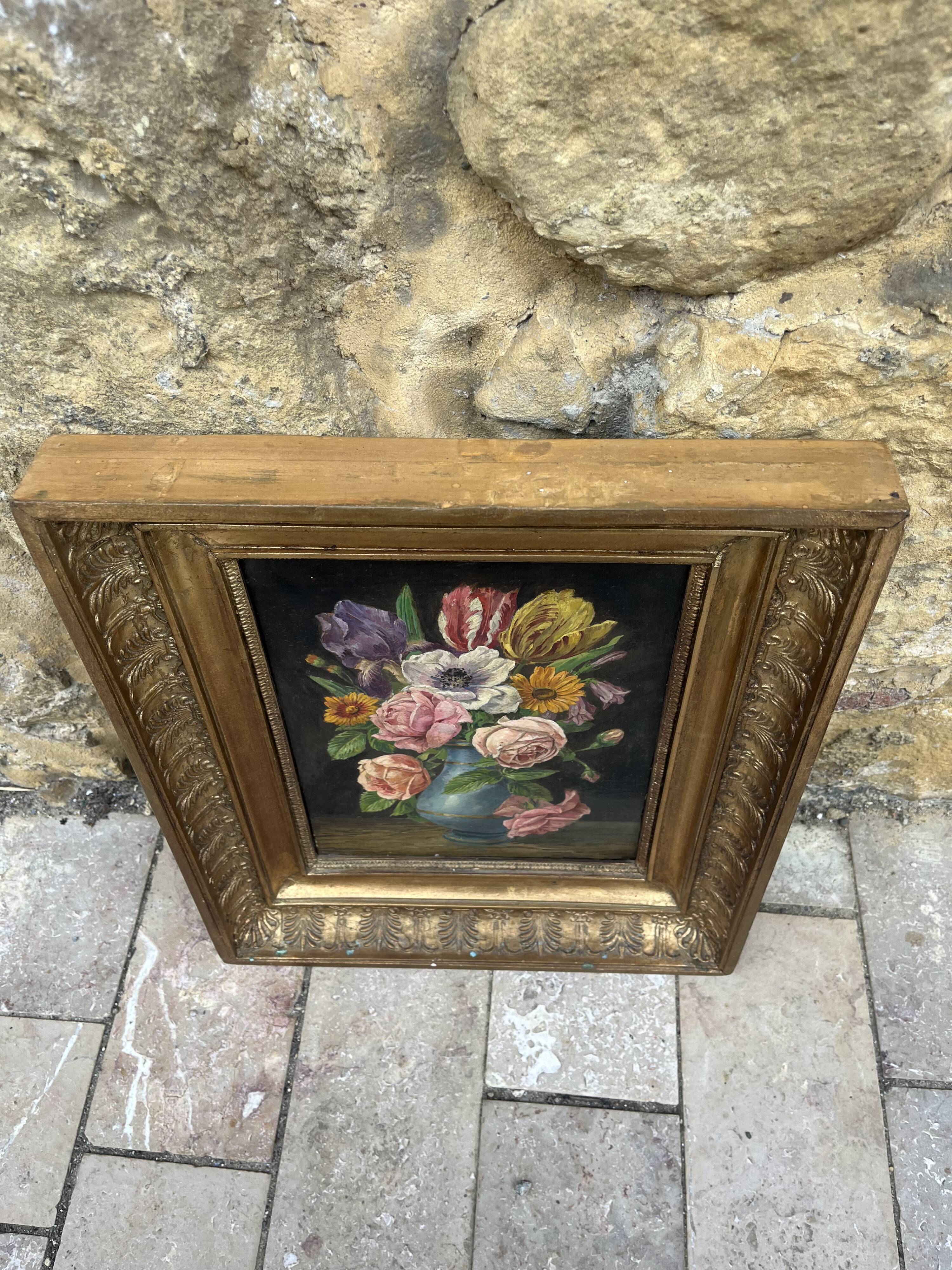 Old painting still life with flowers – oil on canvas – gilded frame