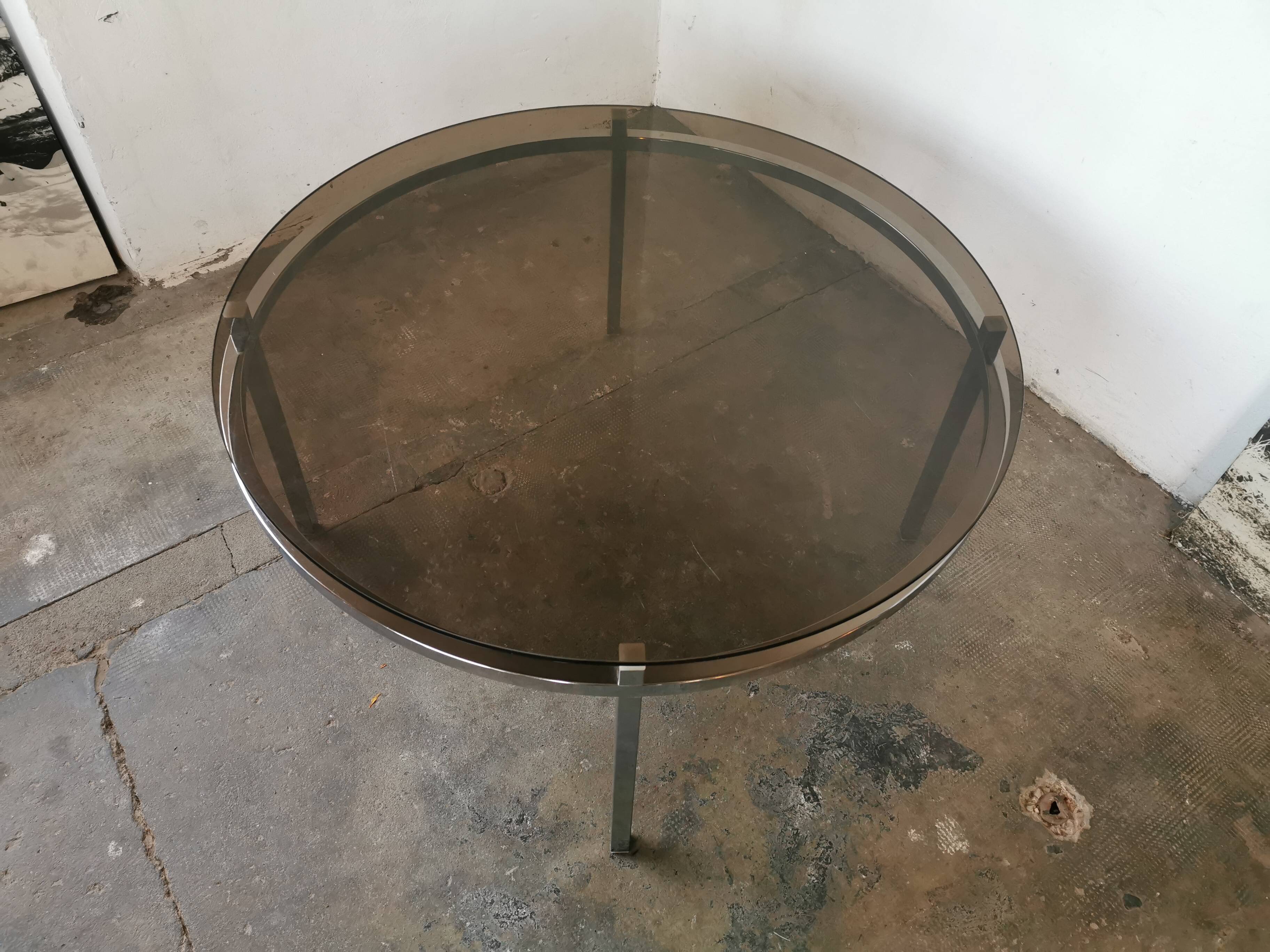 Round coffee table, chrome and smoked glass