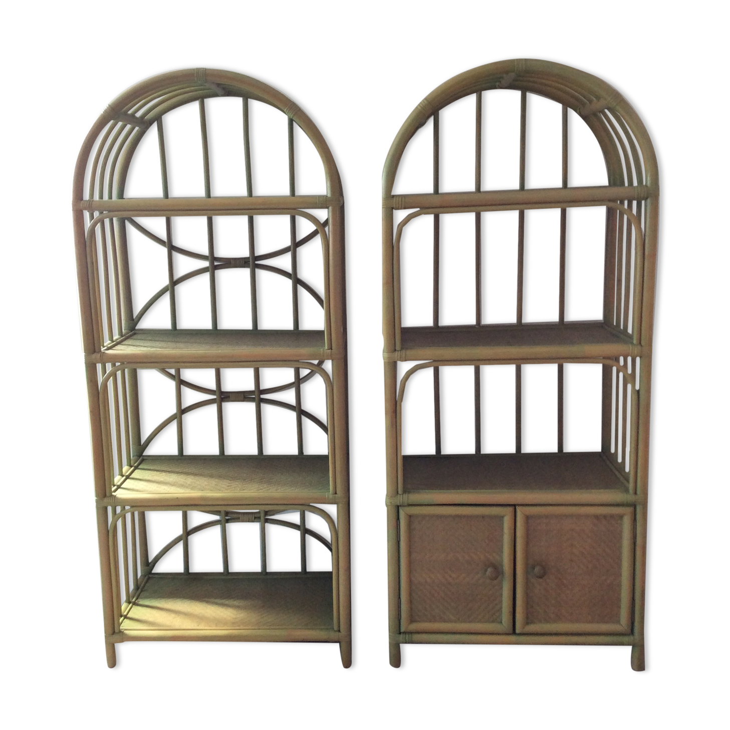 Pair of bamboo shelves from the 70s in rattan and wicker