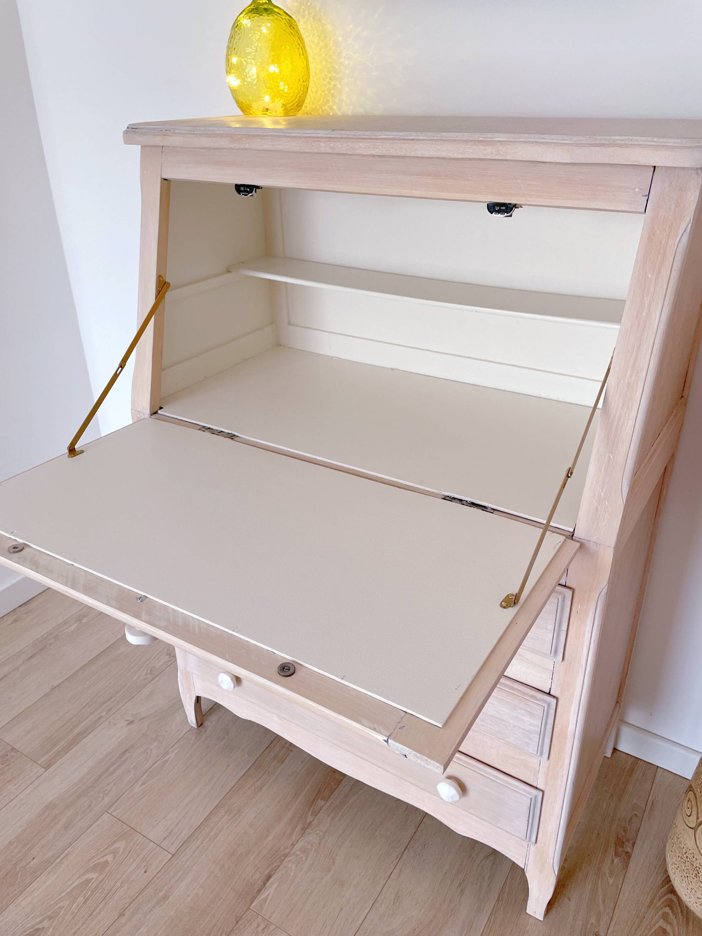 Antique donkey back secretary, white patina with a ceruse effect