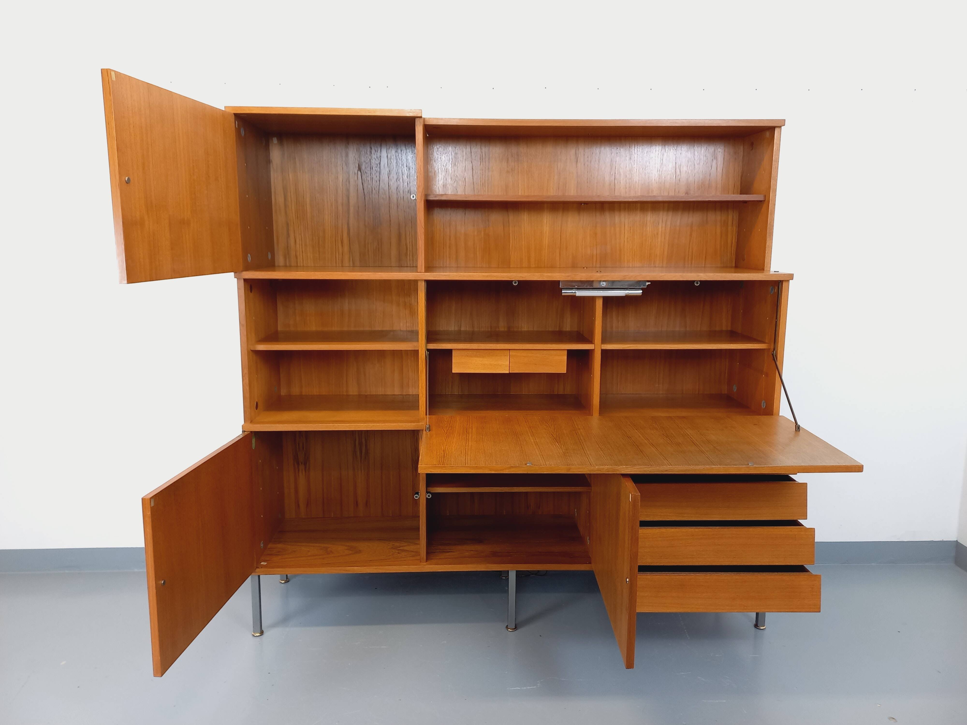 Louis Paolozzi modernist teak bookcase and secretary storage unit