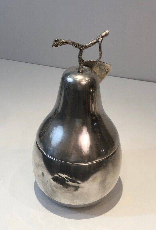 Silver-plated metal and plastic pear-shaped ice bucket.