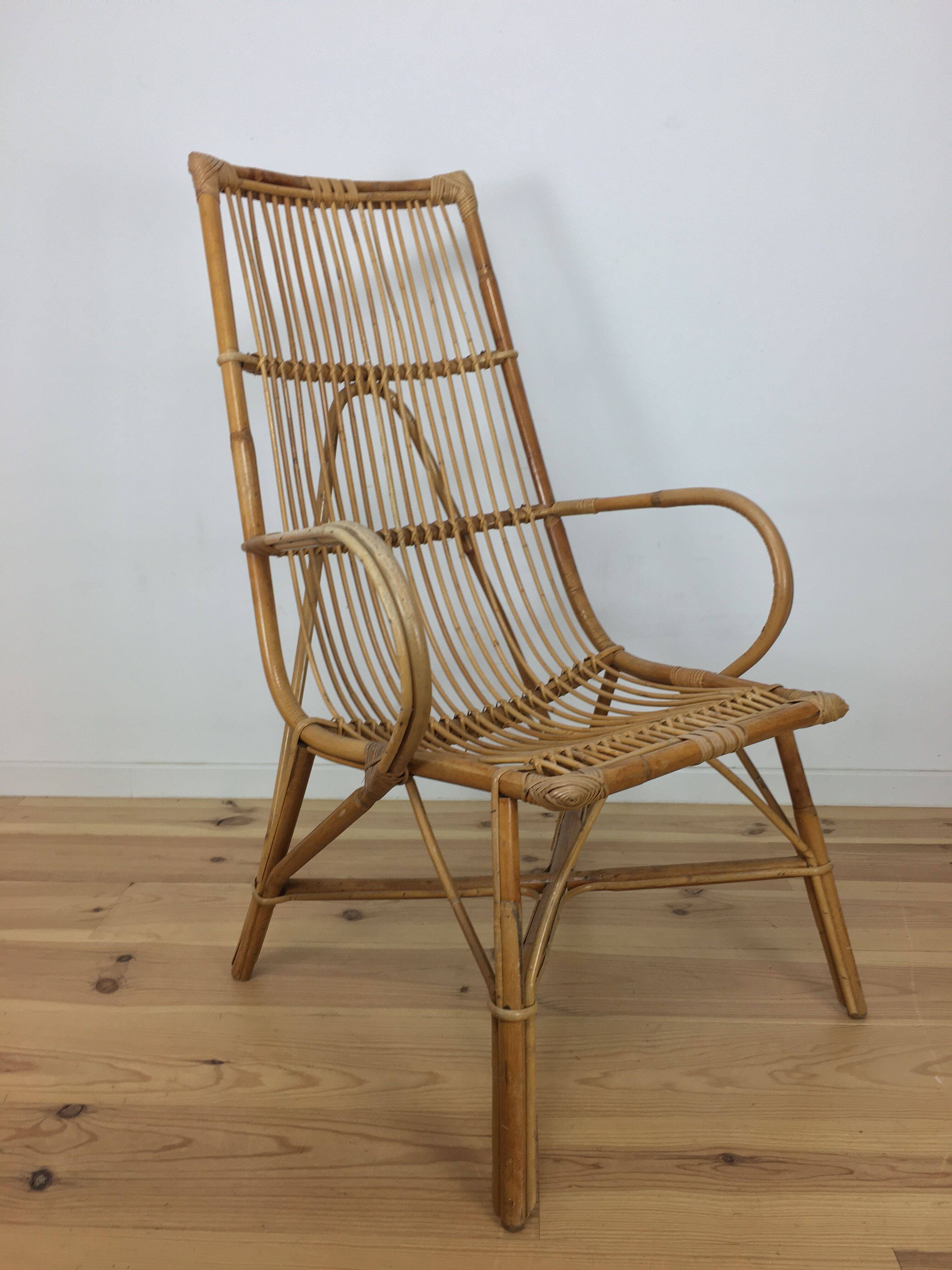 50s rattan chair, high-back basket