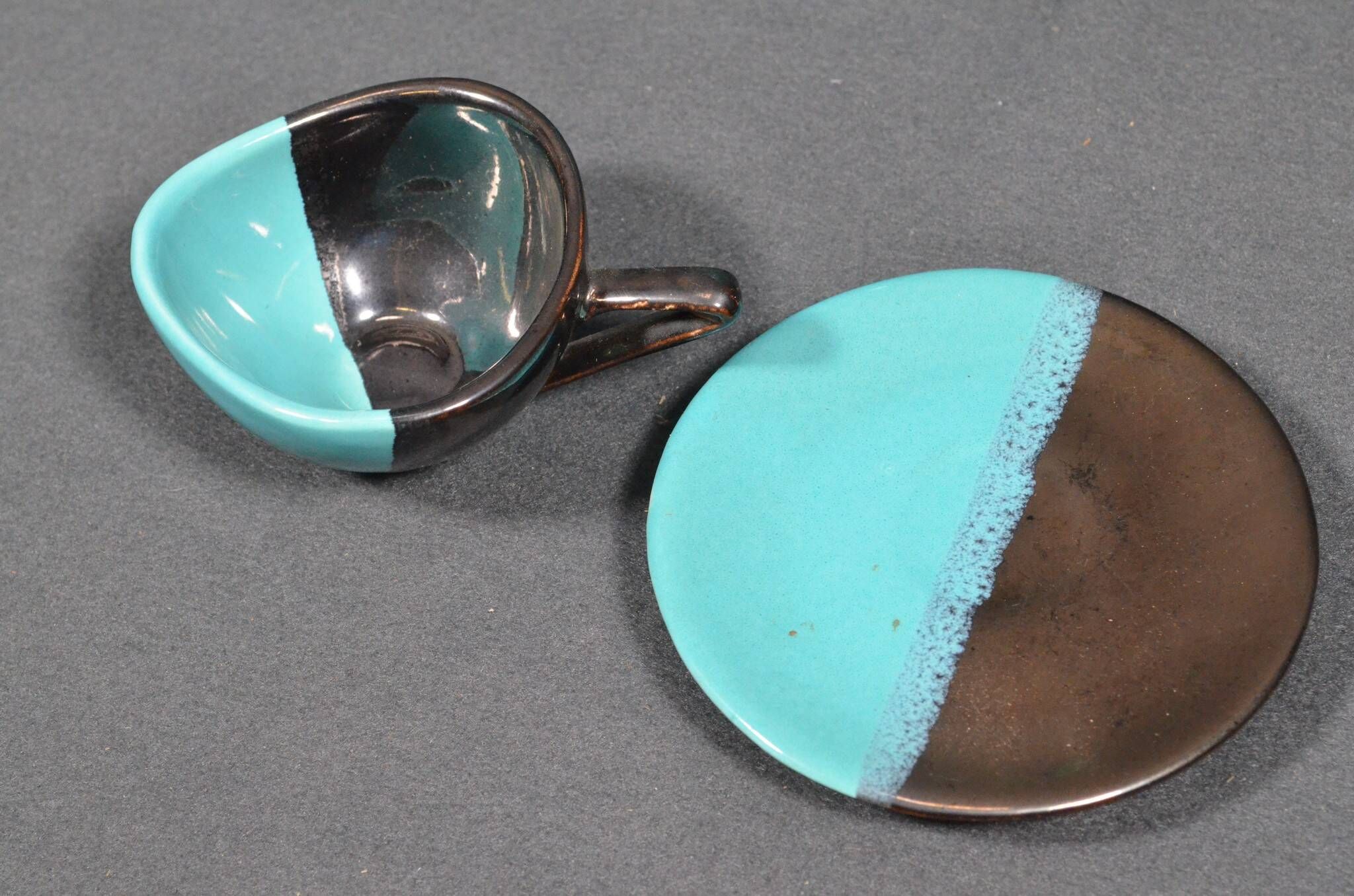 Vallauris coffee service in black and turquoise earthenware.