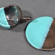 Vallauris coffee service in black and turquoise earthenware.