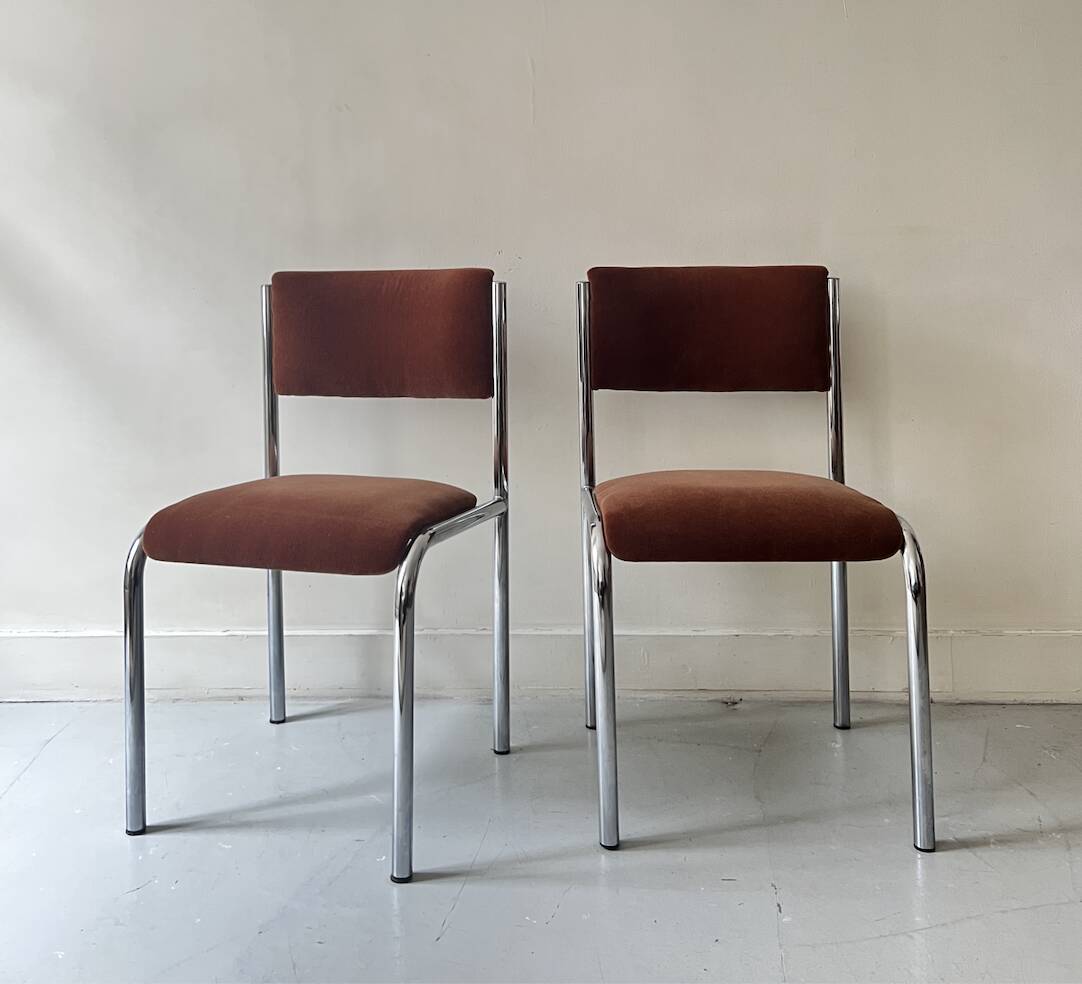 Pair of chrome and chestnut brown velvet chairs, 1970s design
