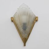 Four of Art Deco Pressed Glass and Brass Sconces, France, 1930s