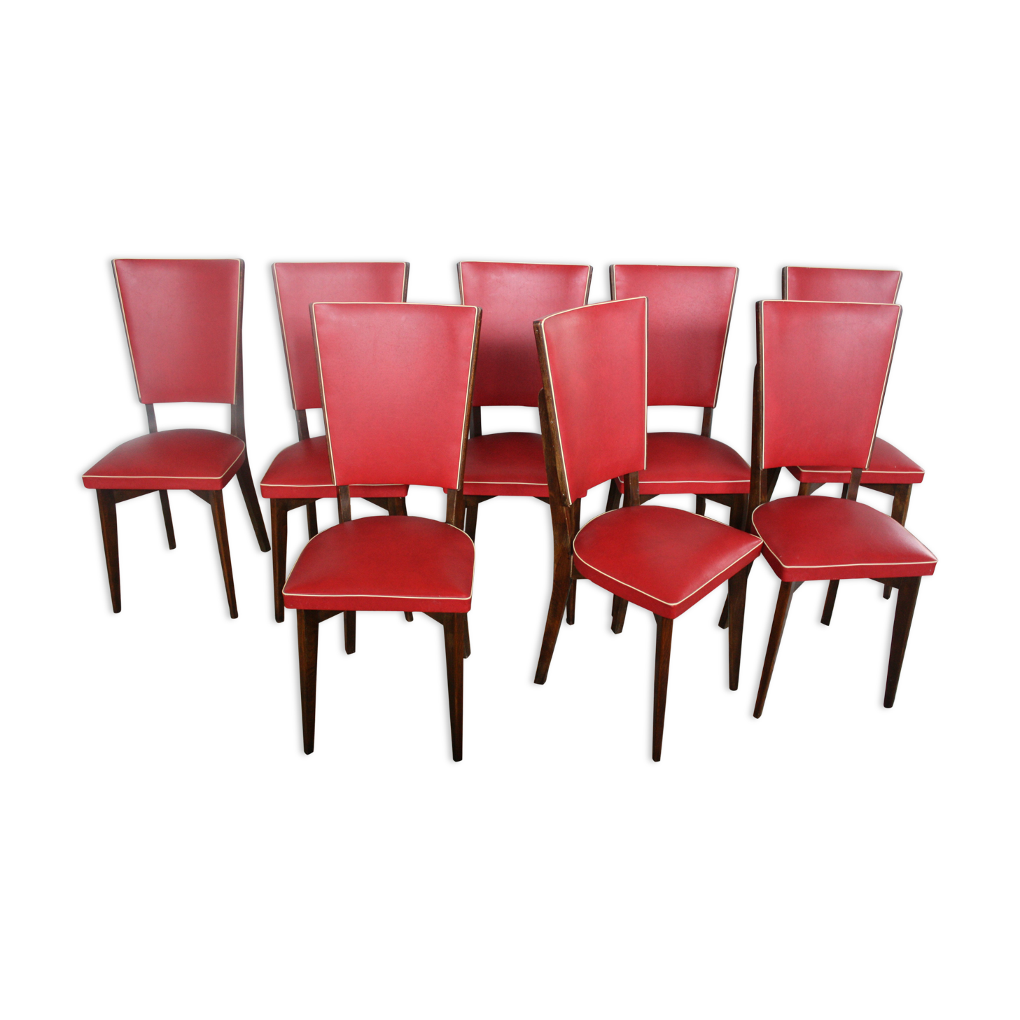 Lot of 8 vintage wooden chairs and red skai