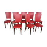 Lot of 8 vintage wooden chairs and red skai