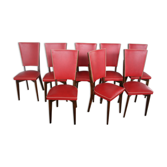 Lot of 8 vintage wooden chairs and red skai
