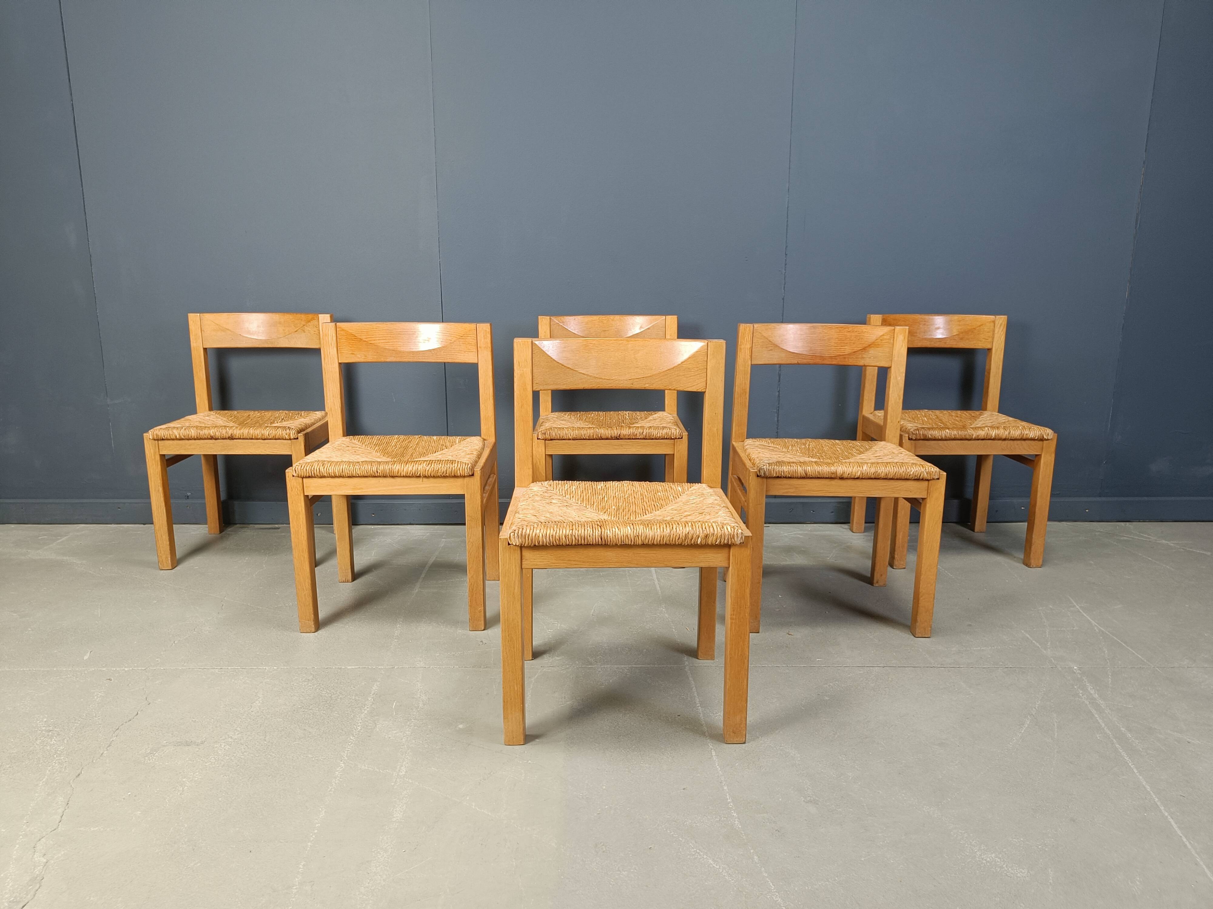 Vintage oak and wicker dining chairs, 1960s