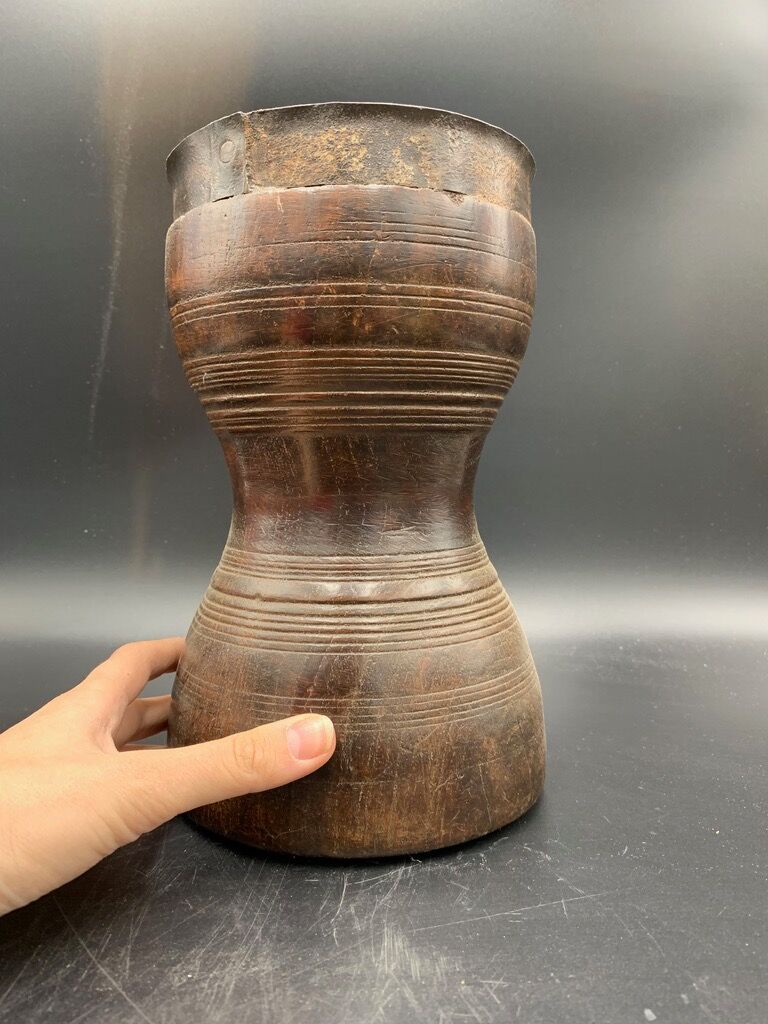 Ancient turned wood grain measurement and wrought iron hooping, India