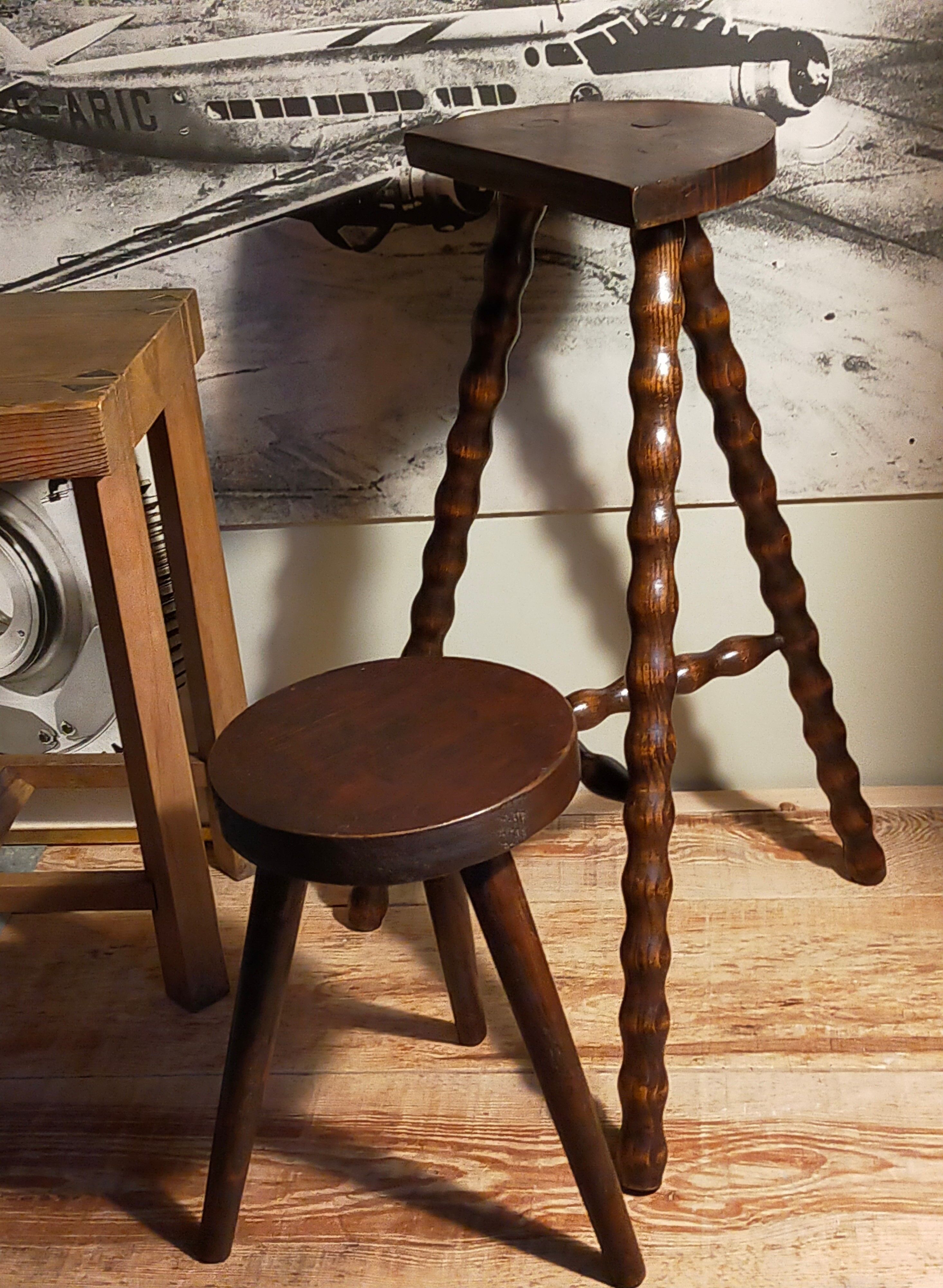Stool high tripod solid wood turned vintage