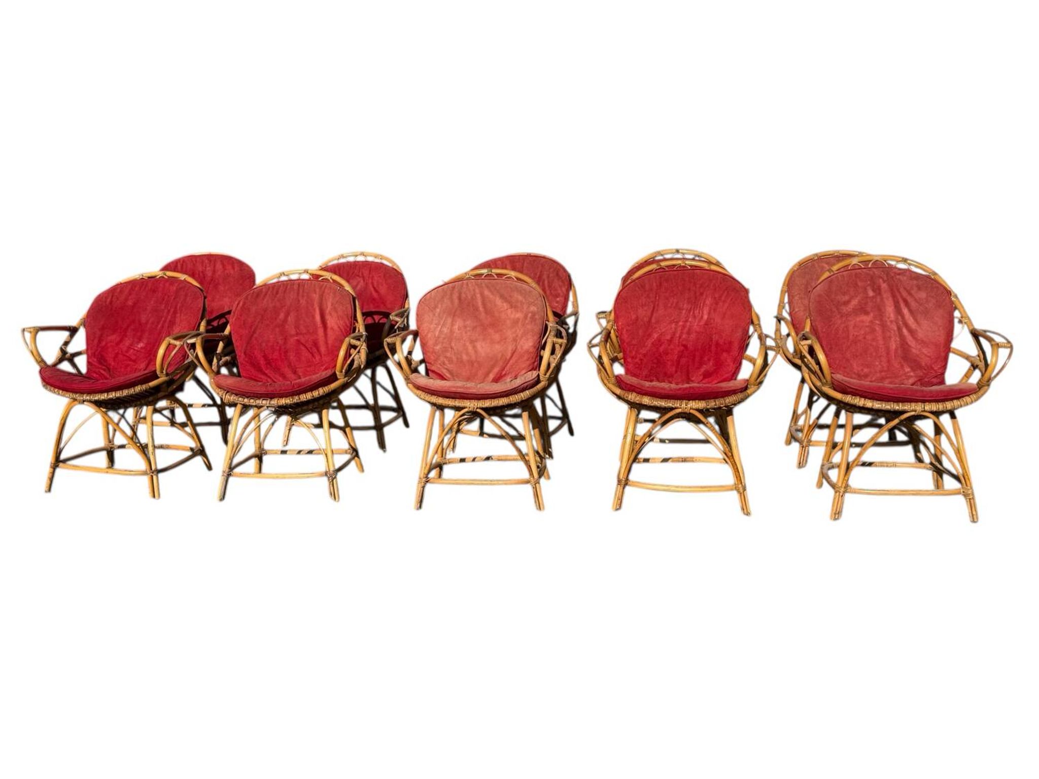 Set of 10 rattan armchairs from the 1960s, France.