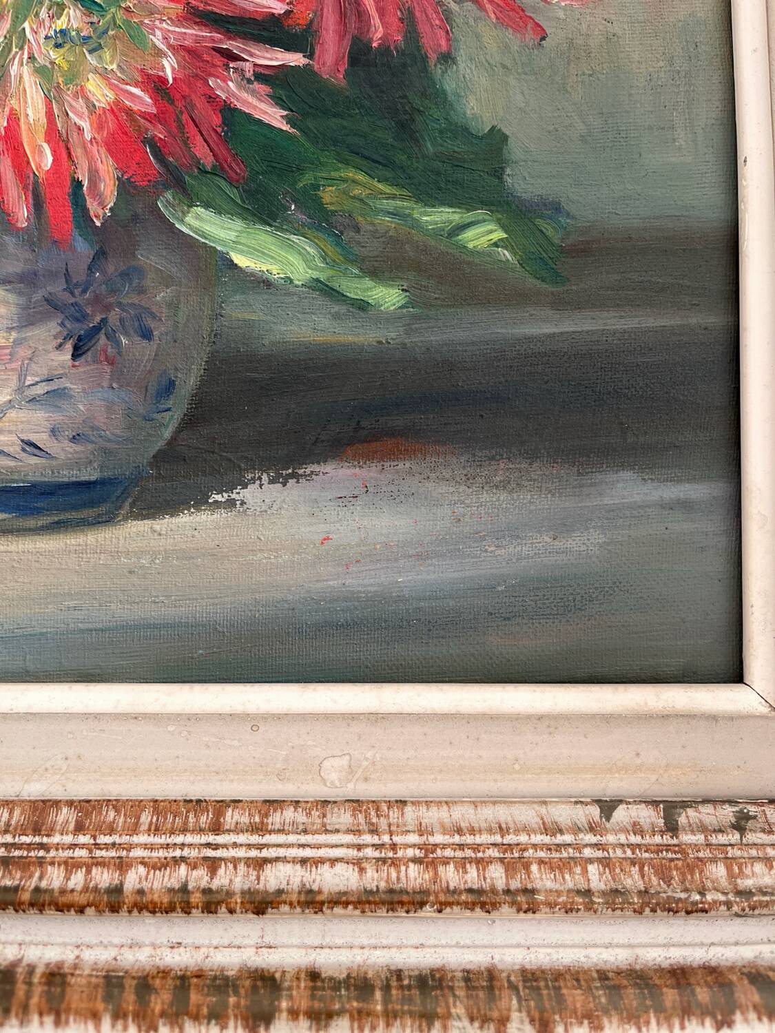 Peinture ancienne tableau huile sur toile fleurs dahlias 