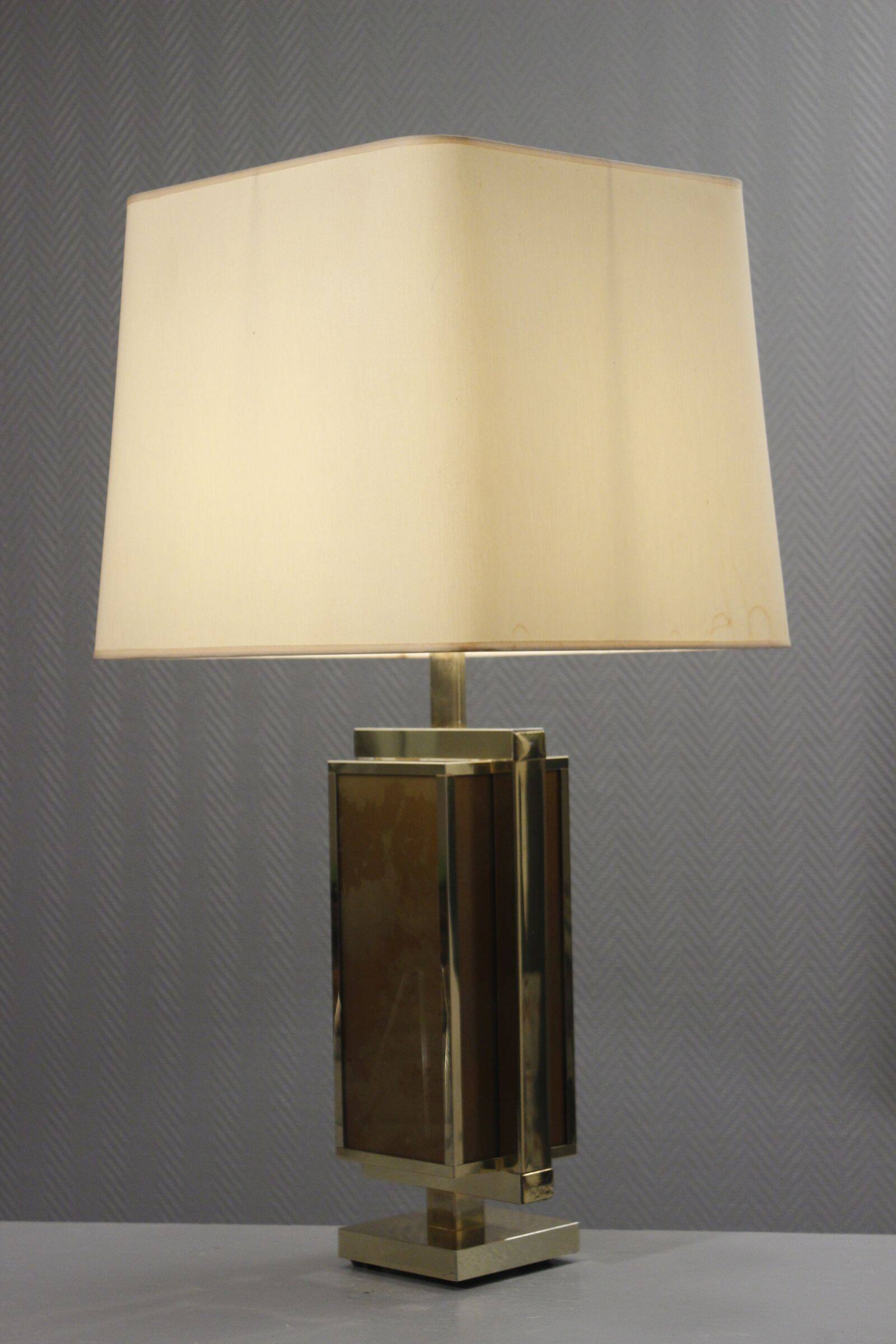 Philippe Cheverny large brass lamp with eglomisé glass, France 1970s