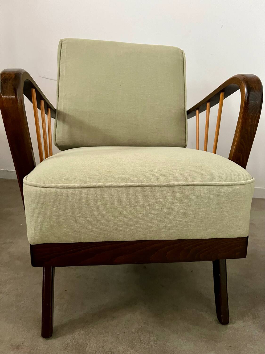 Set 2 old designer fireside chairs from the 50s wood and vintage fabric