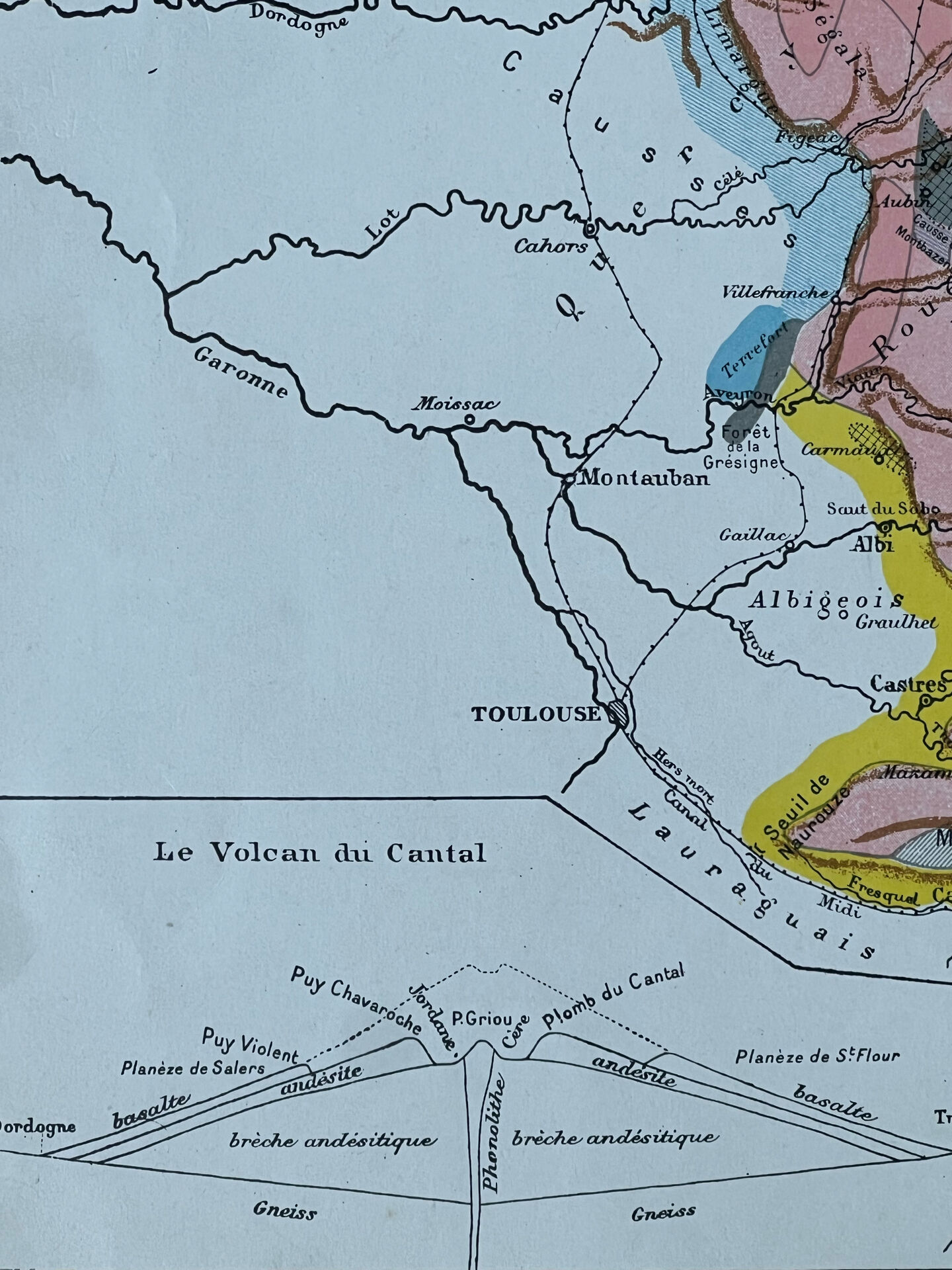 Original map of the Massif Central 37x27cm - 1908