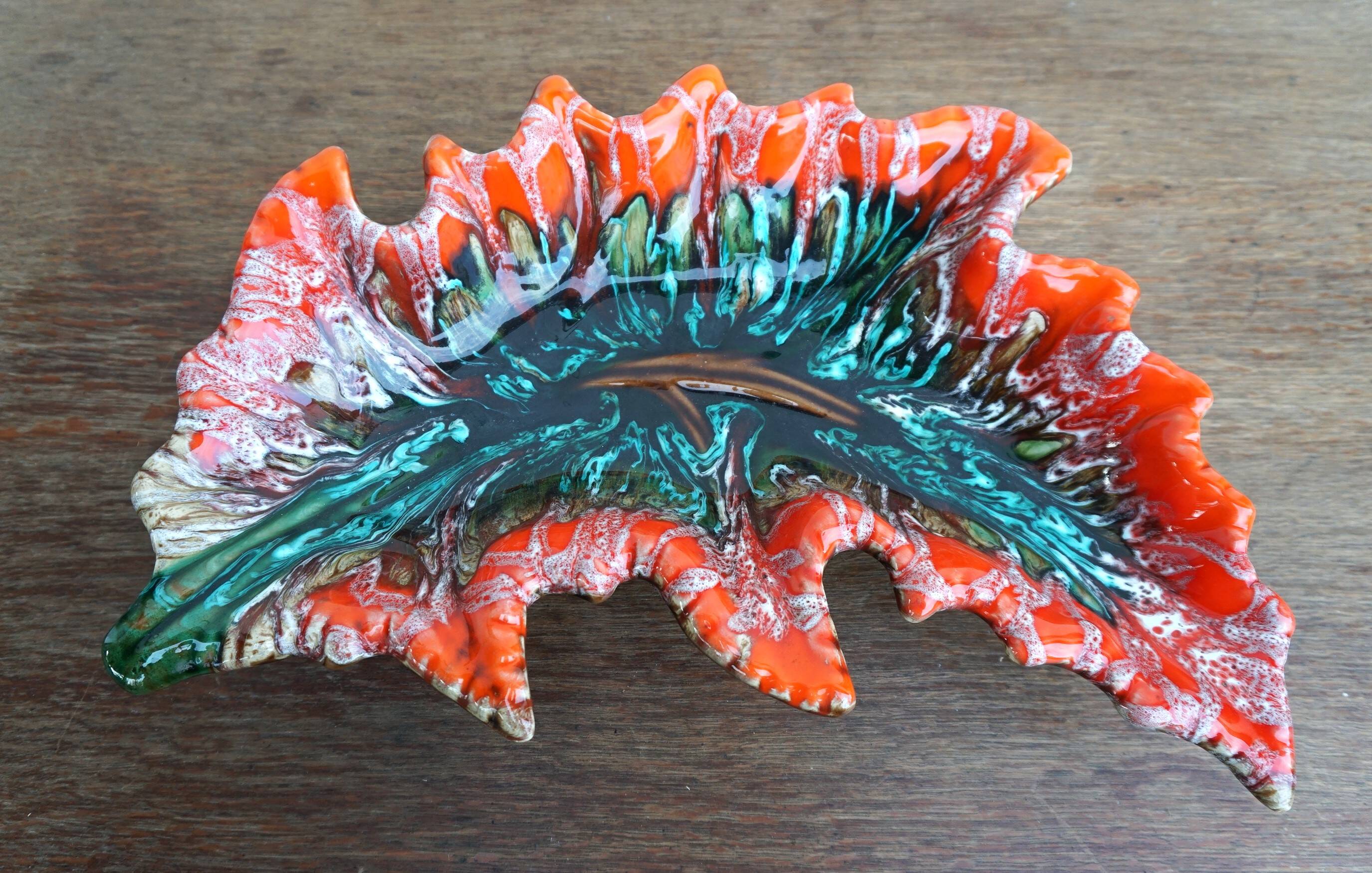 large vintage Vallauris ceramic fruit bowl in leaf shape