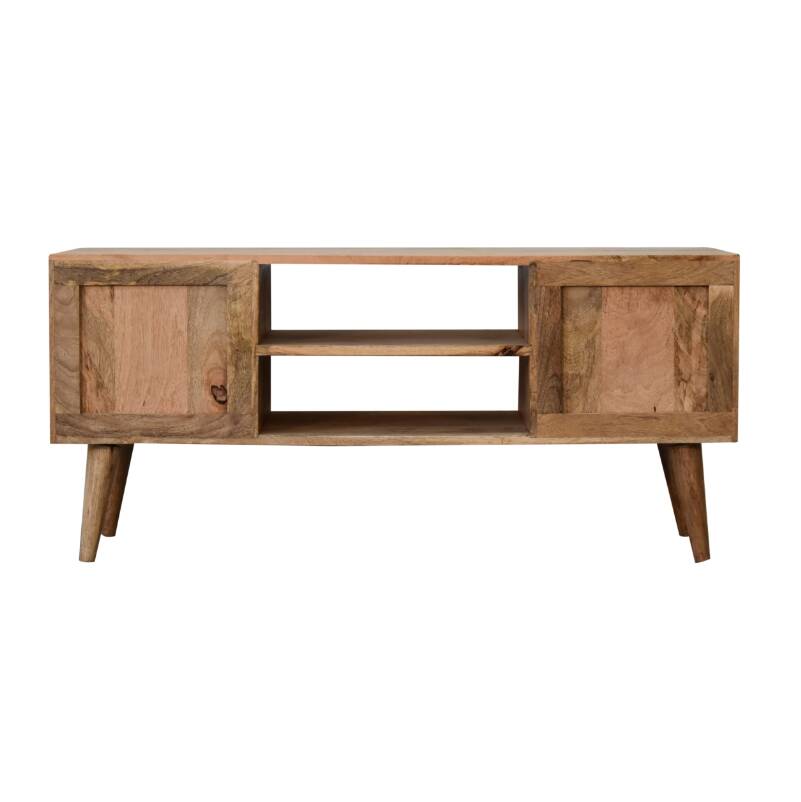 Rosalie Rattan and Solid Mango Wood Media Unit, Modern Console with Cut-Out Petal Design, Brass Knob