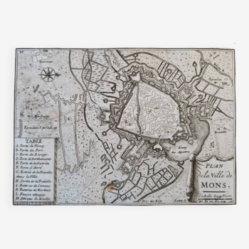 17th century copper engraving "Plan of the city of Mons" By Sébastien de Pontault de Beaulieu