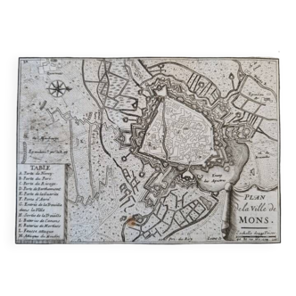 Gravure sur cuivre XVIIème siècle "Plan de la ville de Mons", par Sébastien de Pontault de Beaulieu