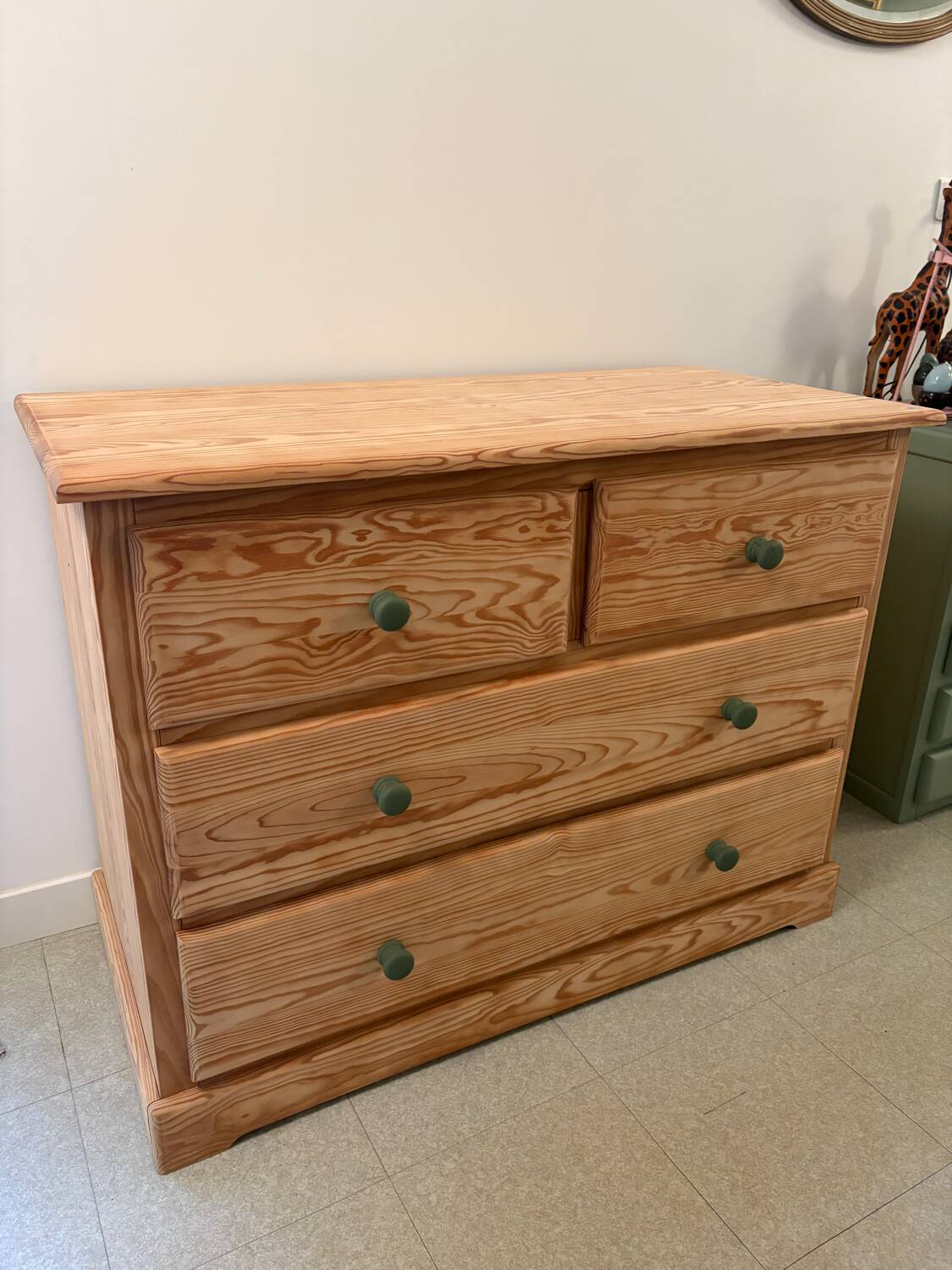 Natural pine chest of drawers - green knobs