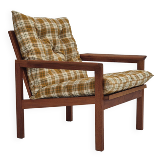 Fauteuil danois, état d'origine, meuble en tissu laine, bois teck années 70