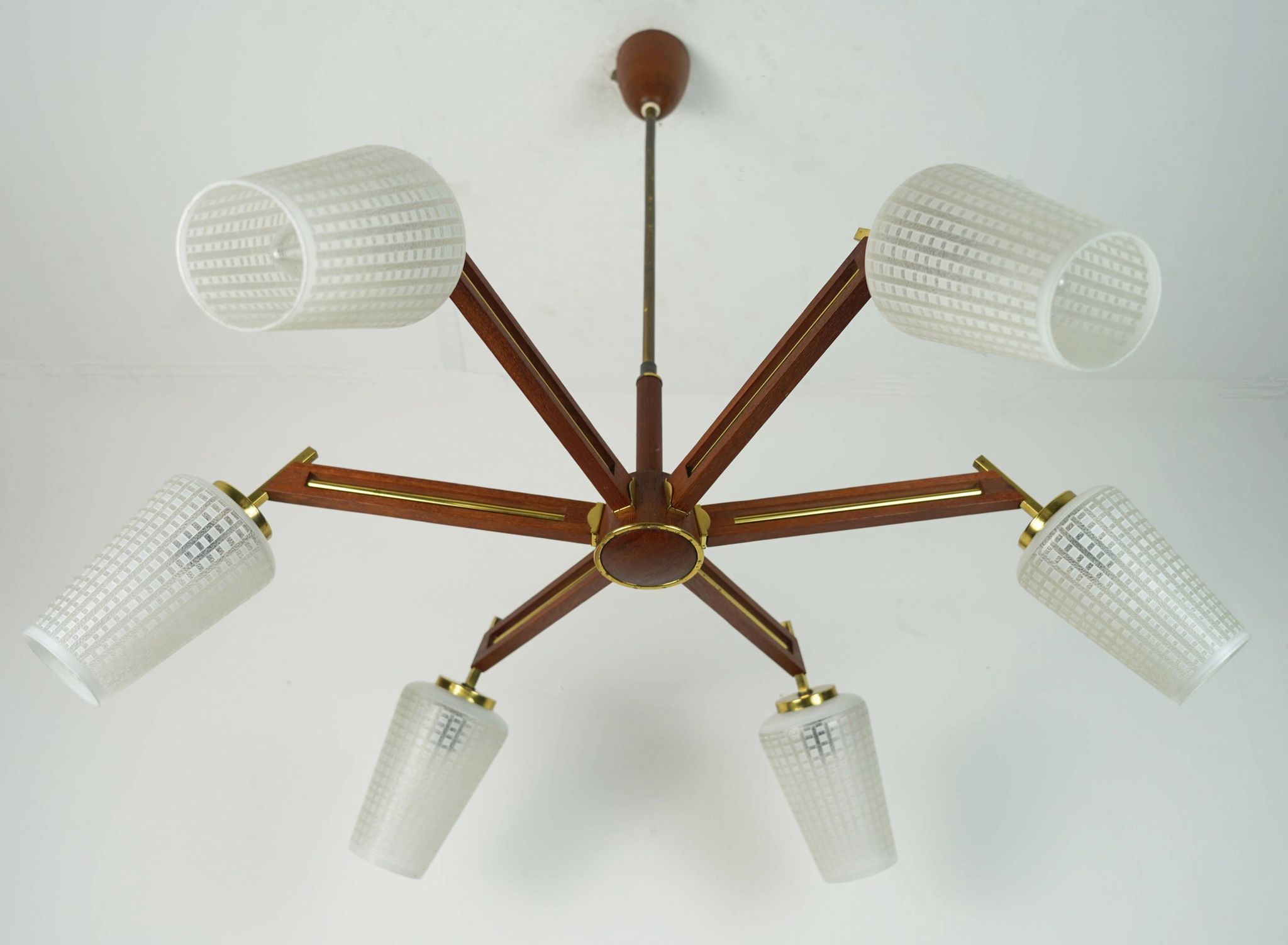 1960s mid century sputnik 8-light CHANDELIER teak brass glass ceiling light