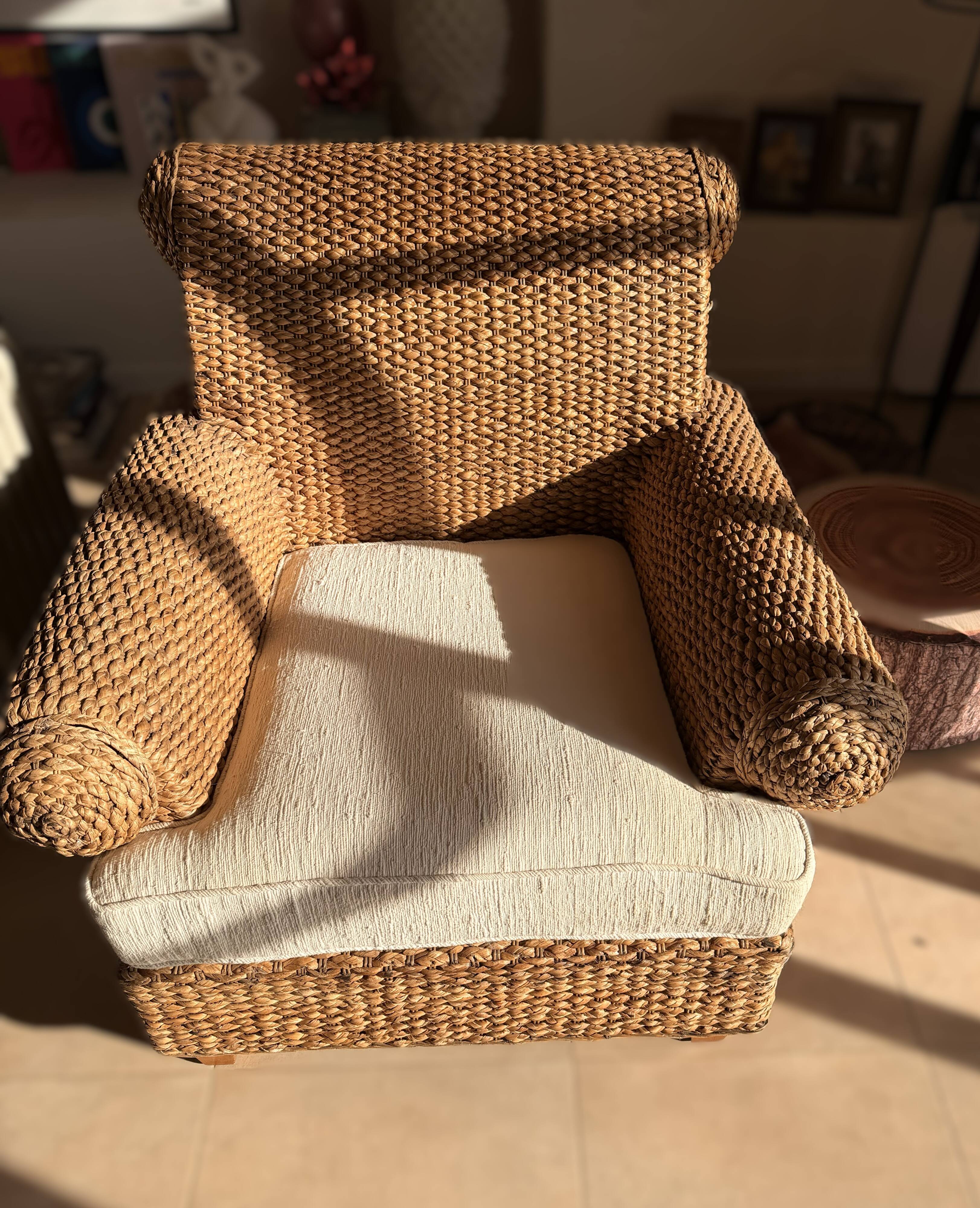 Fauteuil d’exception en jacinthe d’eau – coloris antique – pièce rare