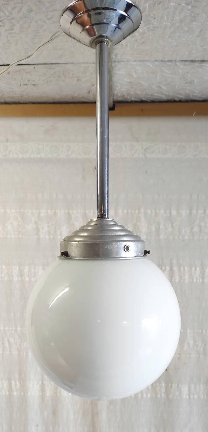 Opaline globe industrial pendant light - mid. 20th century