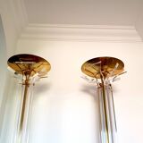 Pair of plexiglass and brass floor lamps