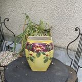 Yellow glazed ceramic slip vase with hawthorn pink flower motif