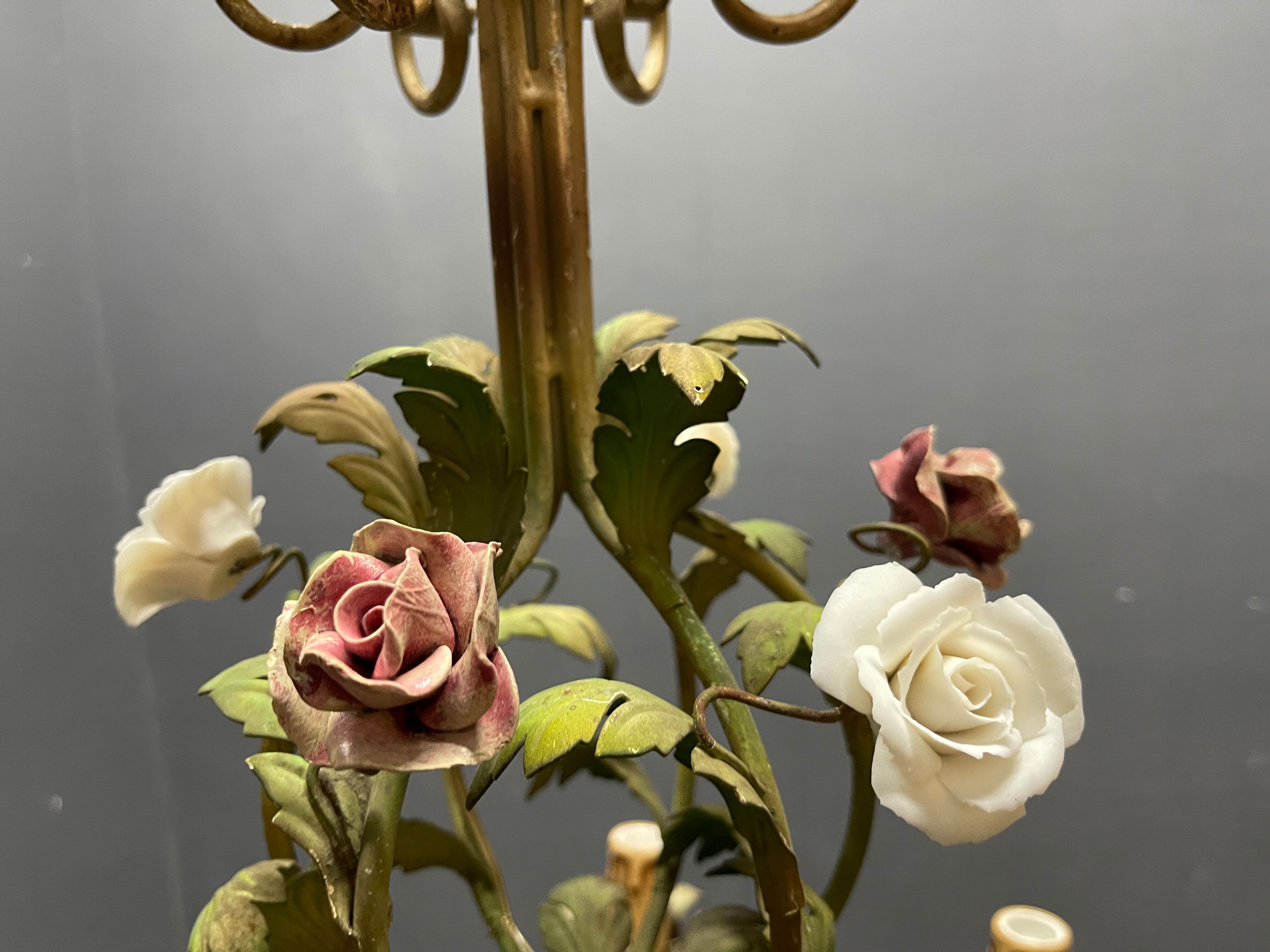 Italian Florentine Tole and Ceramic Flower Chandelier, 1950s