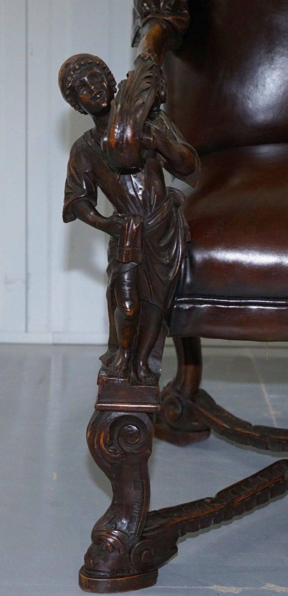 Carved Walnut Baroque Venetian Bench with Leather