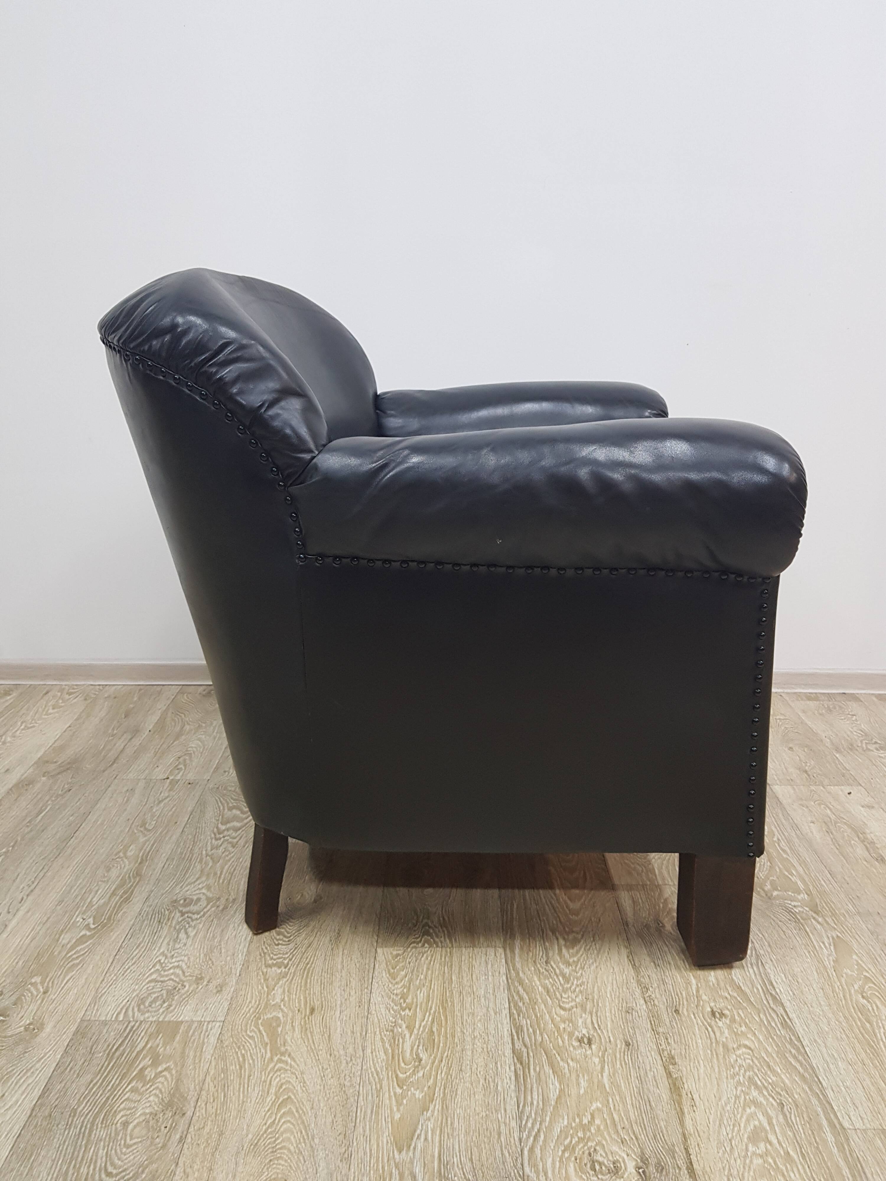 Vintage club armchair with studs, leather, Art Deco, 1930s/40s.