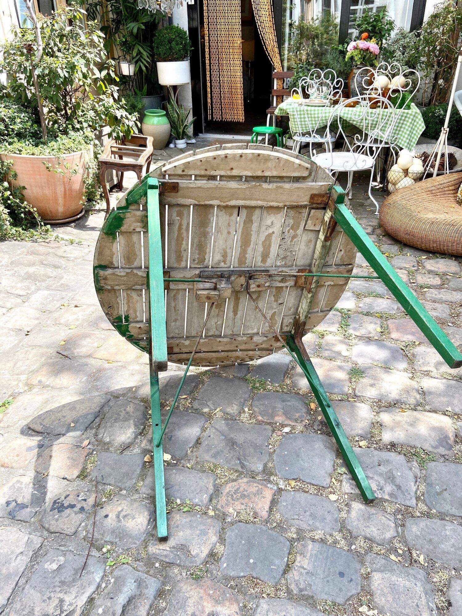 Table de jardin pliante en bois vert et beige ⌀ 95 cm