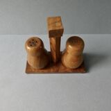 Salt and pepper shakers in olive wood and magnifying glass, 70s-80s