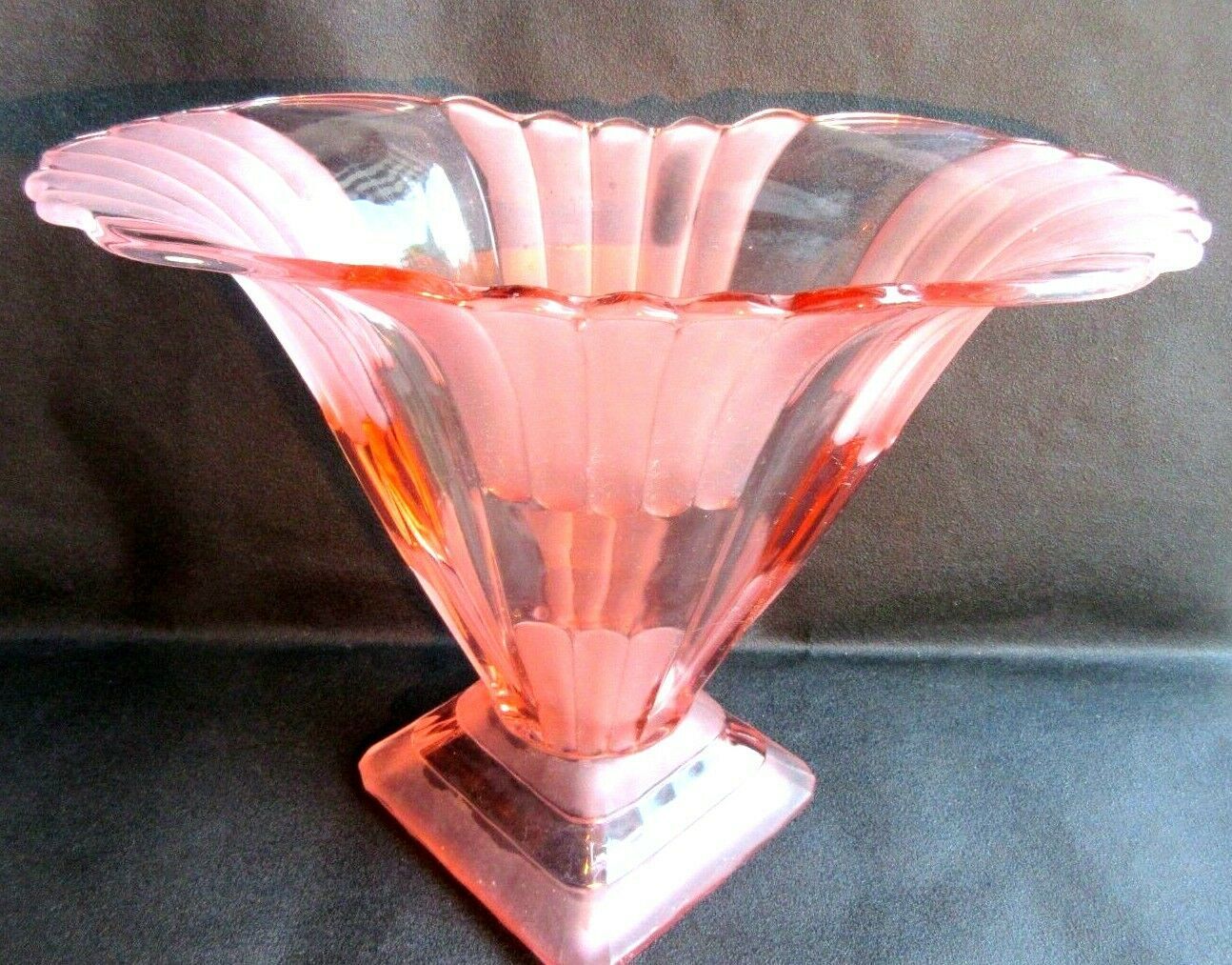 Large fan vase, glass, bright pink and frosted, Art Deco