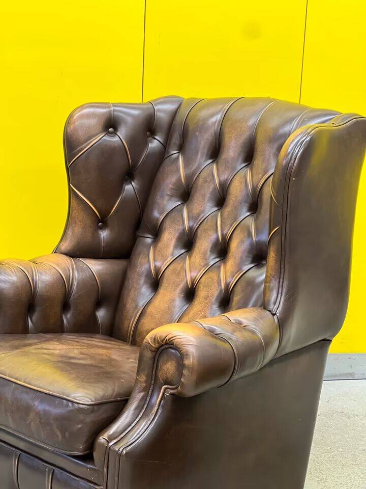 Brown leather chesterfield wing chair with Ottoman
