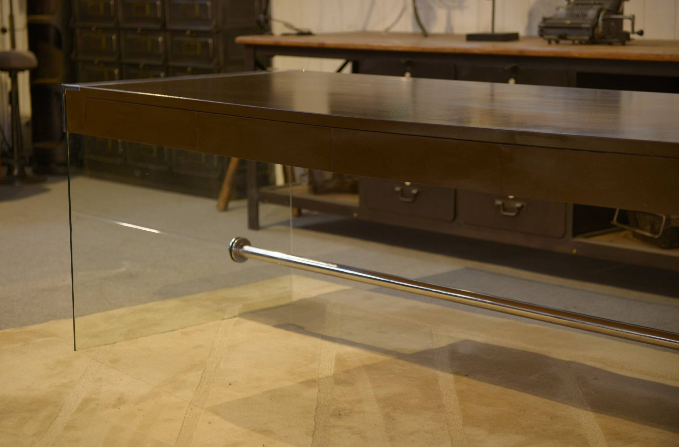 Desk design in melamine, glass and chrome 1980s