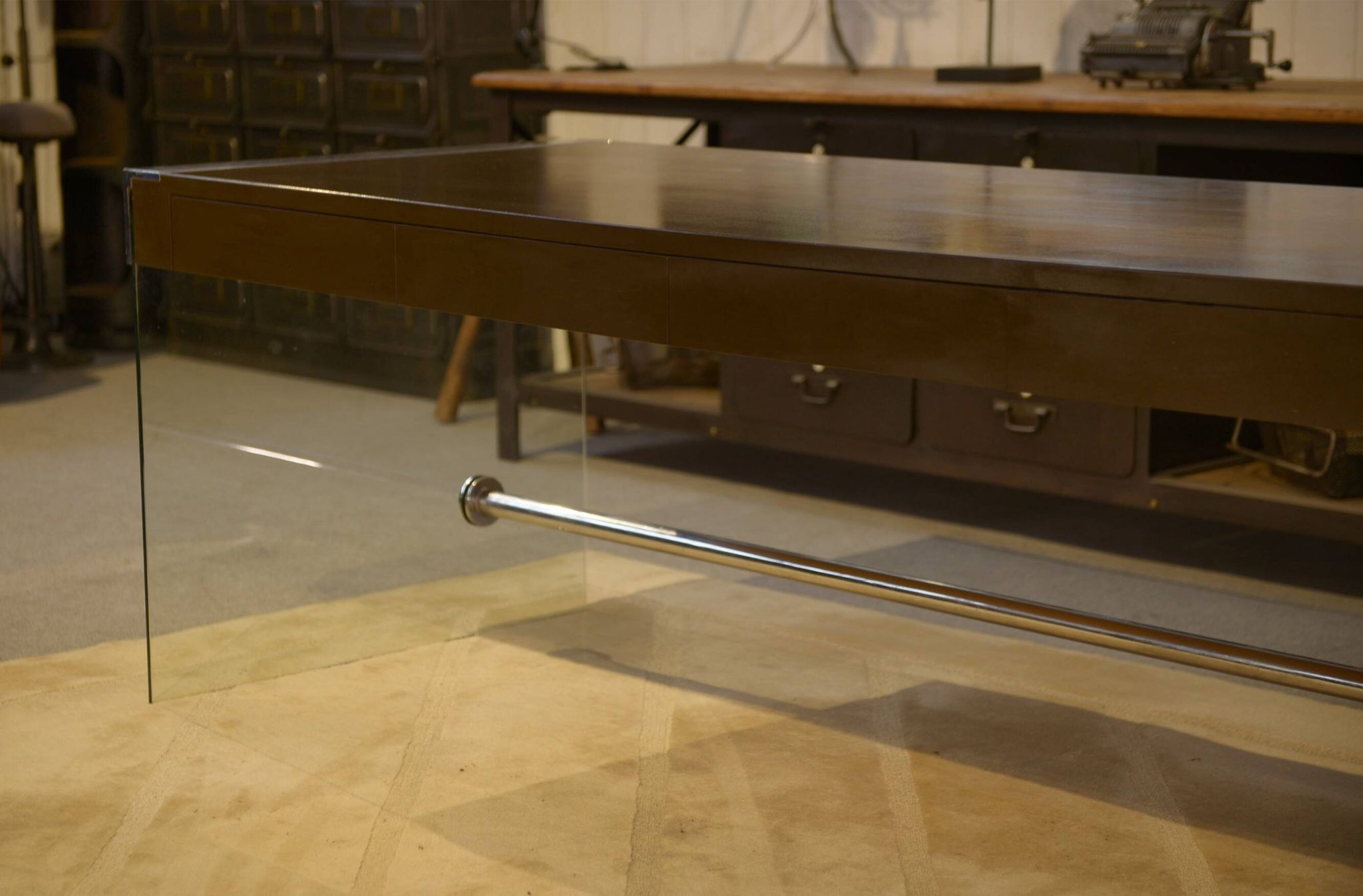 Desk design in melamine, glass and chrome 1980s