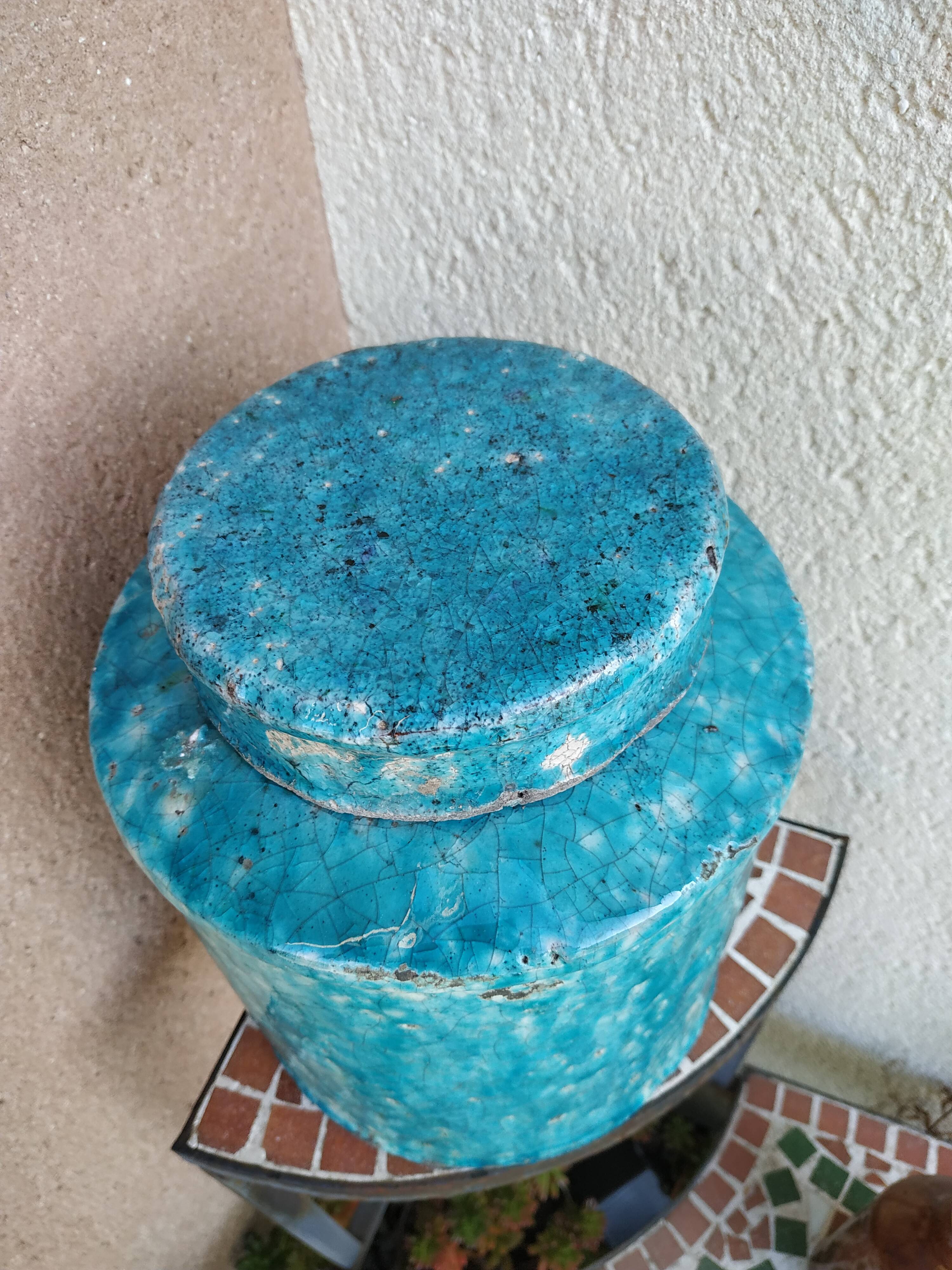Large tea box in turquoise blue Raku pottery