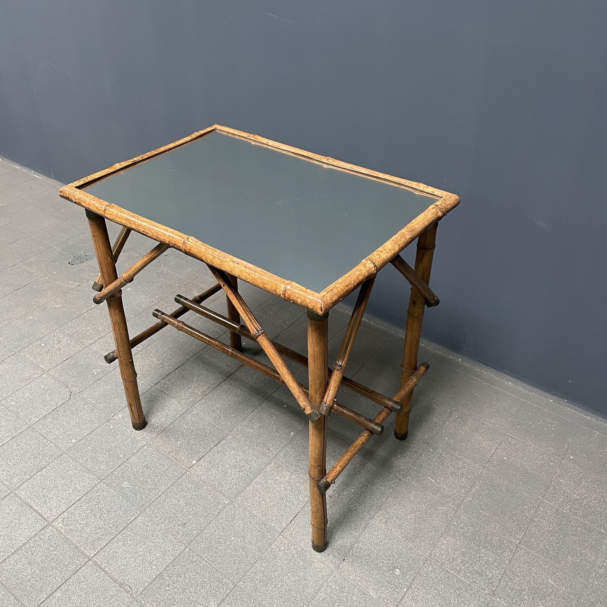 Bamboo side table with mirror top from France, 1940s
