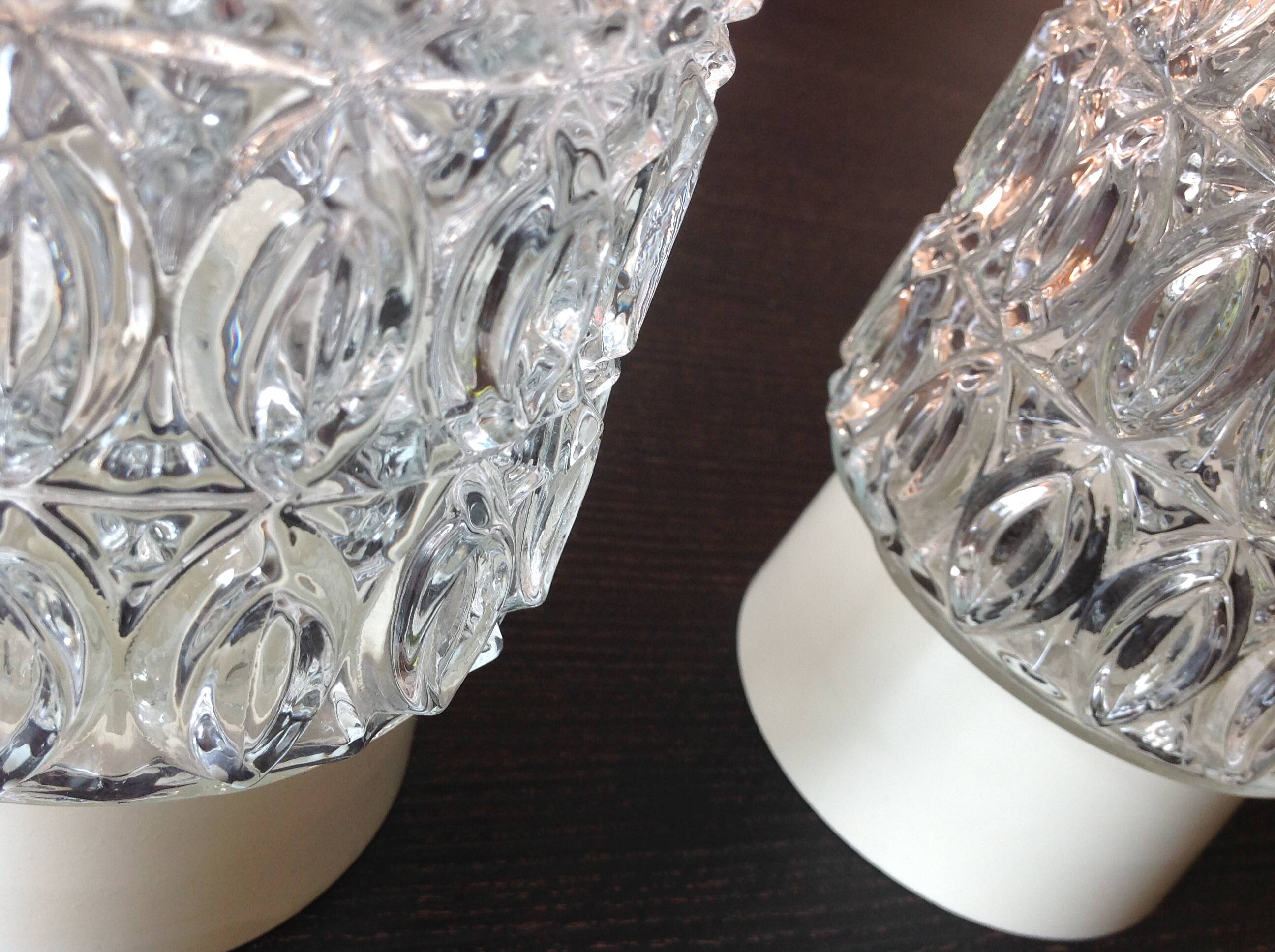 Pair of cylindrical structured glass ceiling lights / vintage 60s-70s