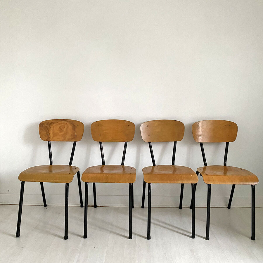 Set of 4 vintage school chairs 1970