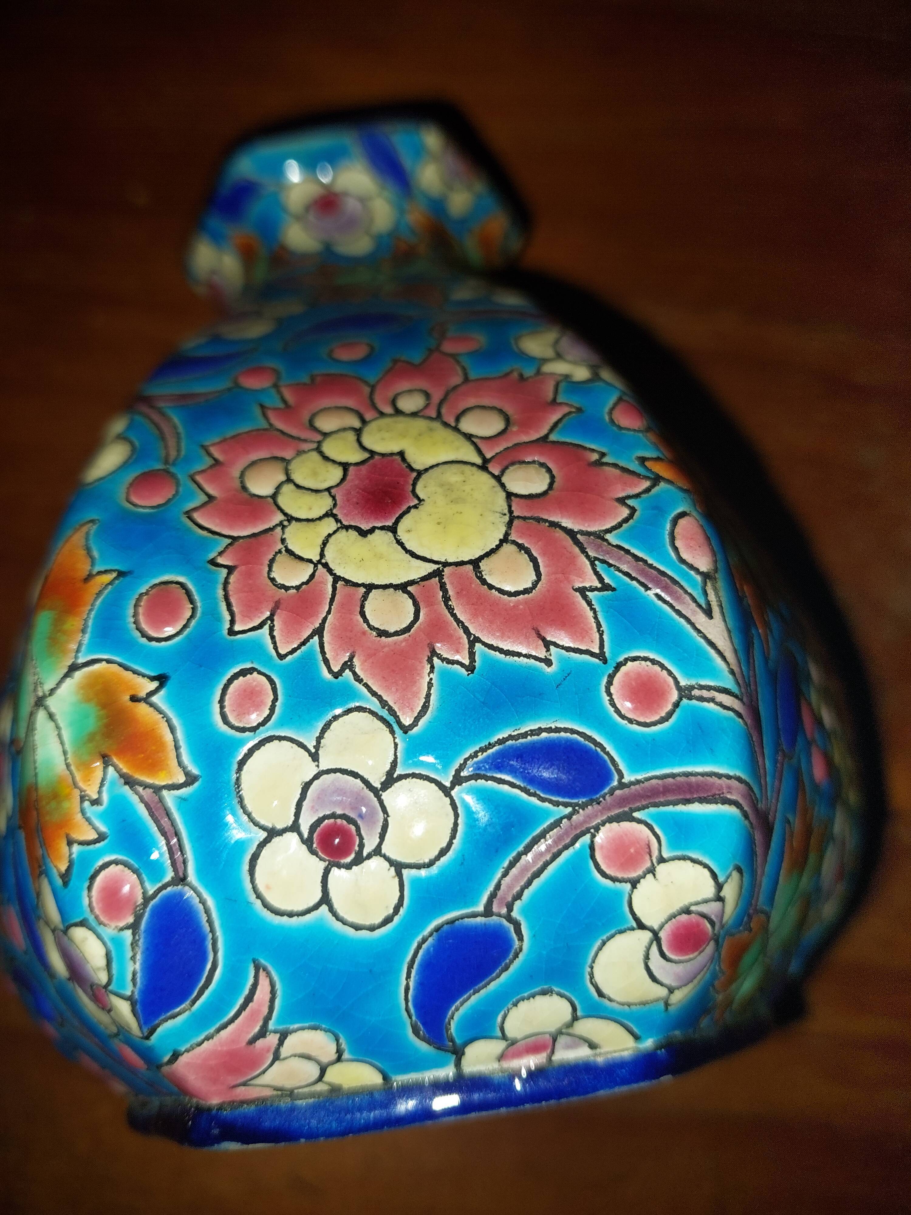 Hand-decorated Longwy enamel vase no. D.5670