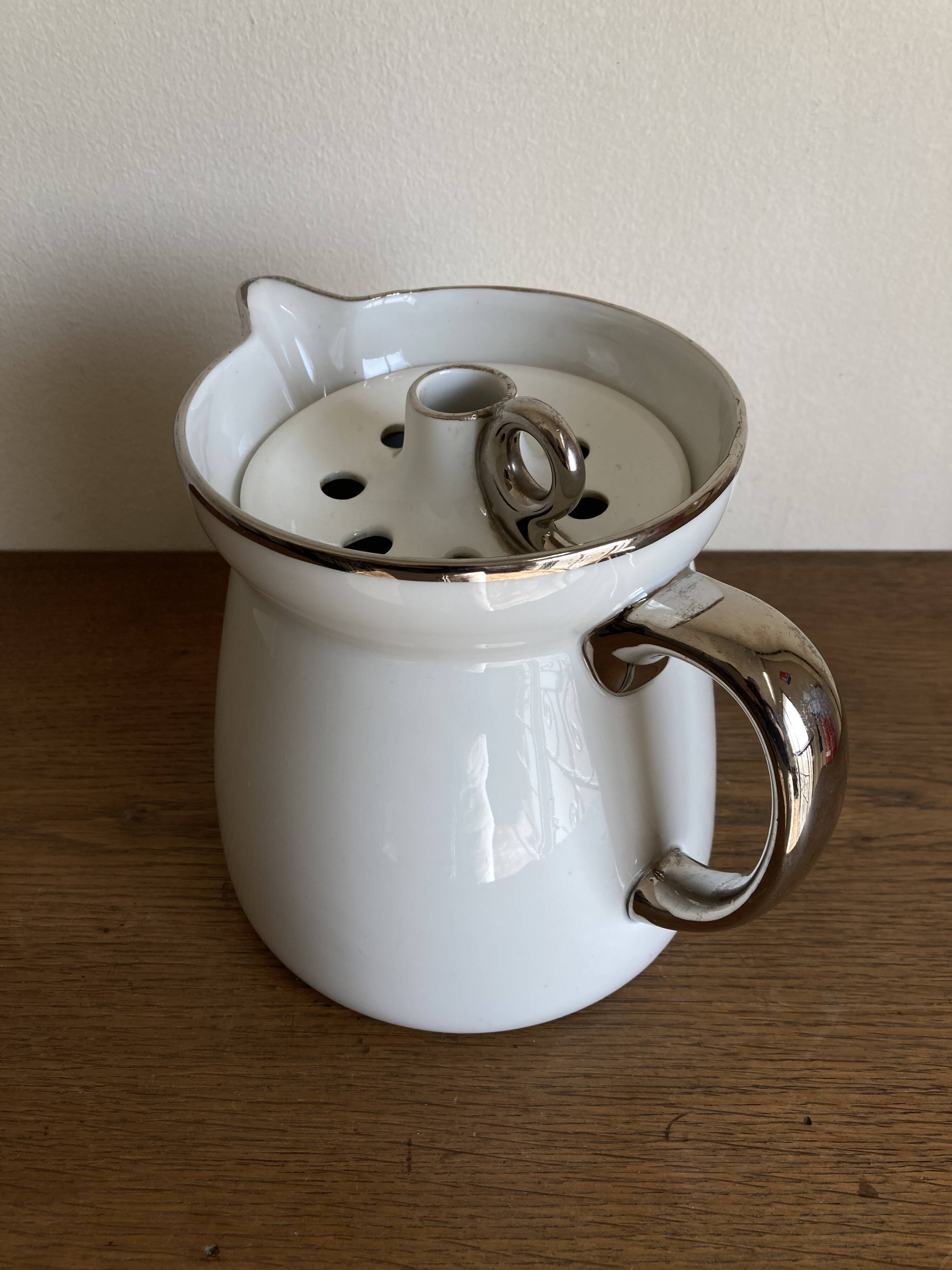 XXL modernist flowerpot pitcher vase in platinum and white porcelain