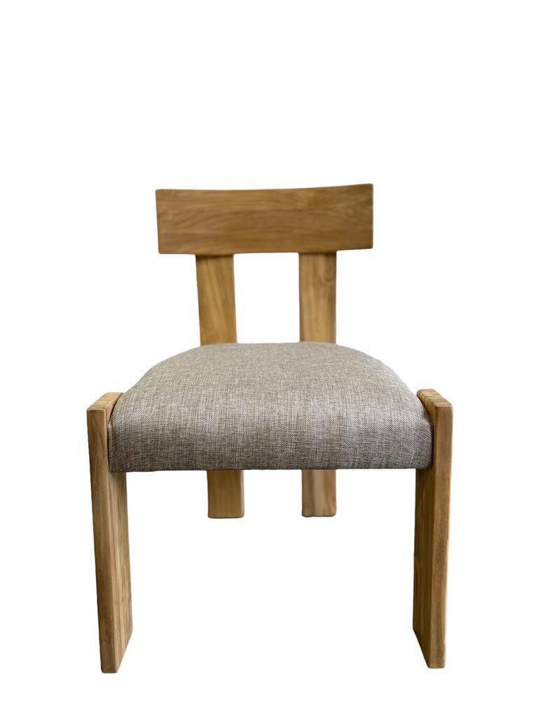 Solid wood chair with a linen-look seat.